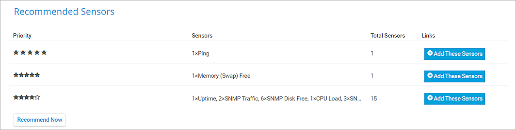 Screenshot of the Recommended Sensors page in PRTG